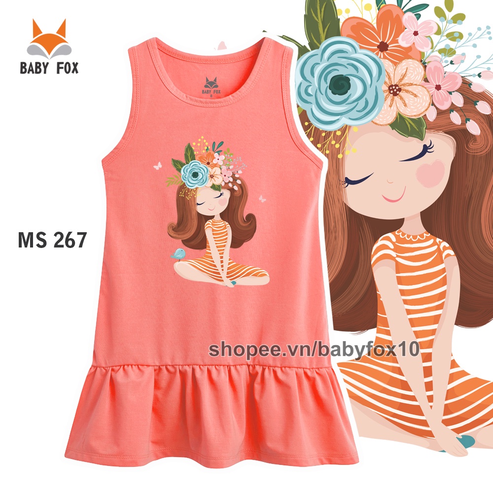Đầm bé gái 100% cotton loại tốt, thương hiệu BABY FOX, in hình bé gái, size nhỏ, trung, đại  a