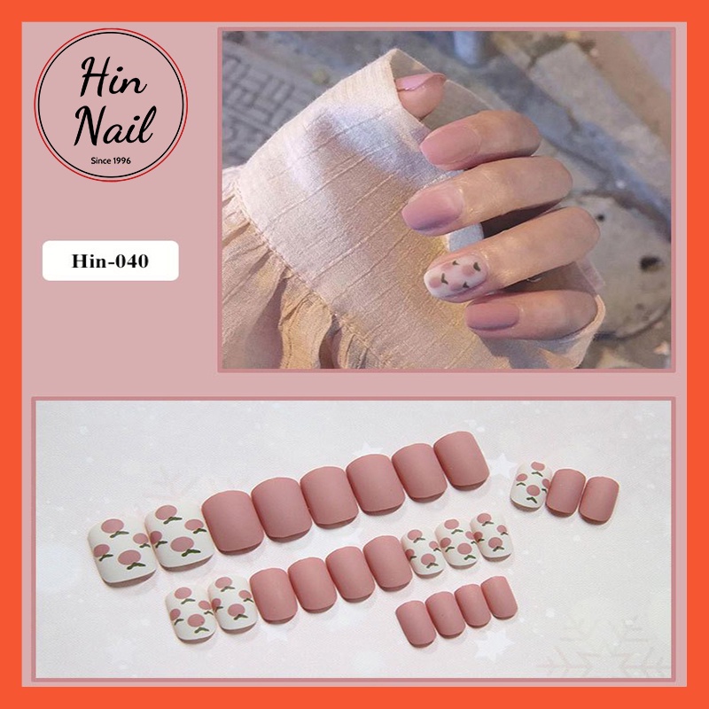 Set 24 móng tay giả sơn nhám họa tiết quả đào Hin Nail
