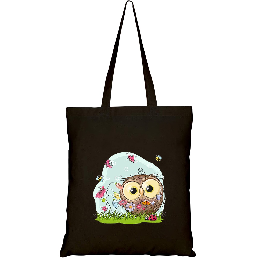 Túi vải tote canvas HTFashion in hình cute cartoon owl on meadow HT540