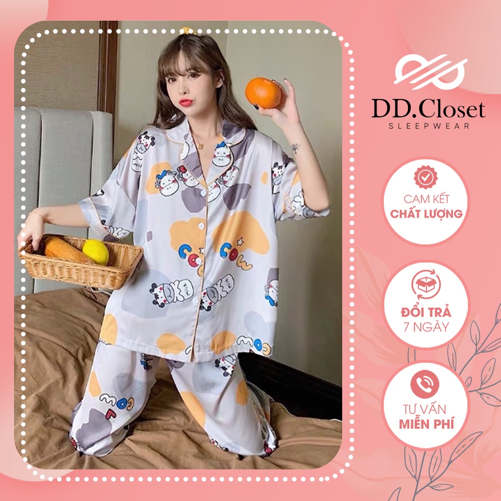Đồ ngủ dài tay họa tiết đáng yêu màu trắng, bộ pyjama chất liệu Kate Thái mặc thoải mái - CD0102