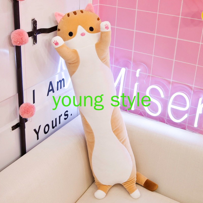 [Giá ưu đãi] Gối ôm dài hình mèo con, gối ôm nhồi bông mèo con hai màu xám và màu nâu BIG SIZE 110cm