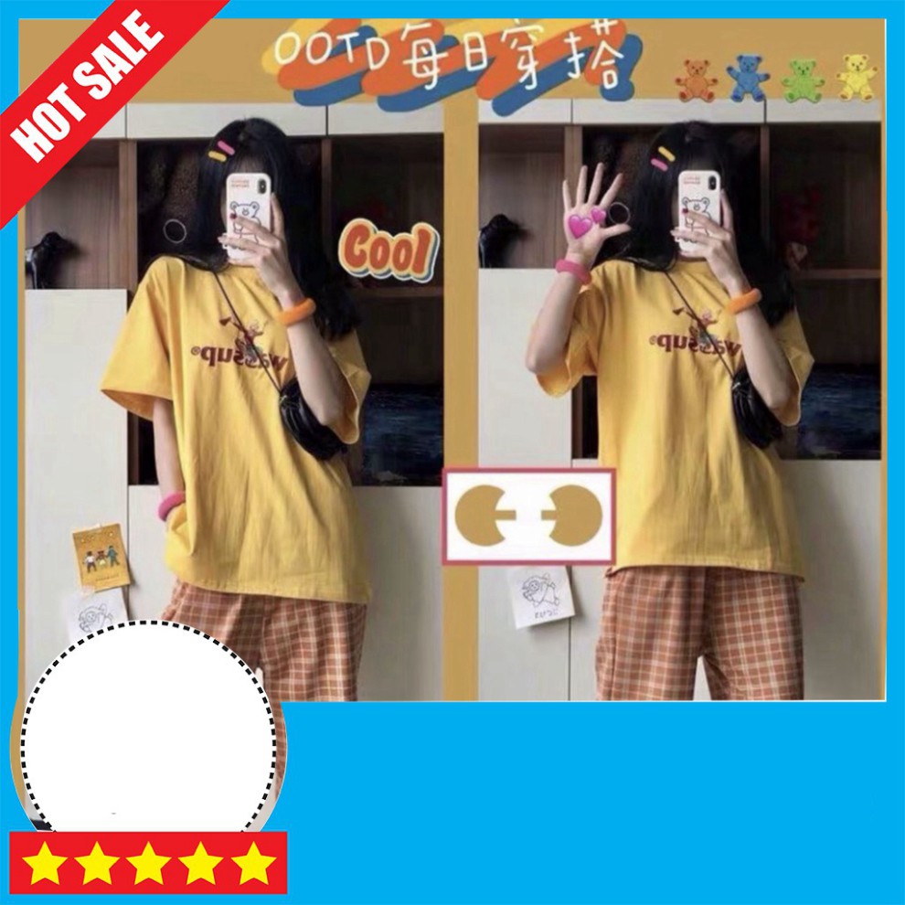 SET ÁO PHÔNG VÀNG WASS UP MIX QUẦN CARO CULLOTES KẺ CAM ULZZANG - Bộ Đồ Nữ Năng Động Hè [ new ]