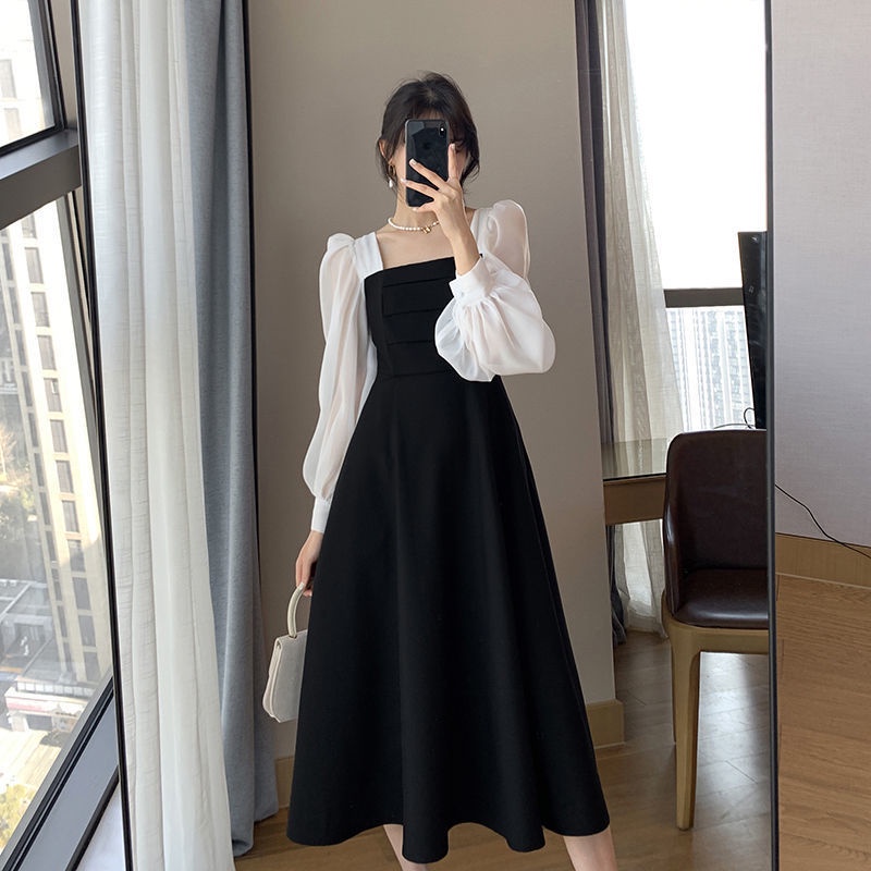 Đầm Đen Dài Tay Cổ Vuông Phối Lưới Phong Cách Retro Pháp Cho Nữ