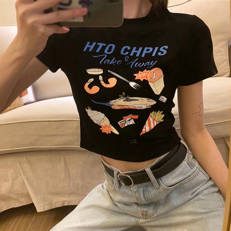 Áo Thun Crop Top Tay Ngắn Cổ Tròn In Họa Tiết Thời Trang Cho Nữ