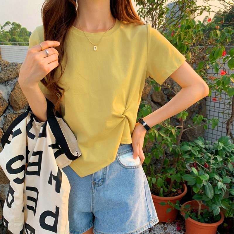 Áo Croptop Tay Ngắn Cổ Tròn Màu Trơn Thiết Kế Độc Đáo Thời Trang Cho Nữ