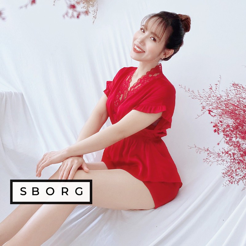 Đồ ngủ lụa SBORG đồ bộ cao cấp mặc nhà lụa latin mềm mịn tay liền sang trọng cổ V viền ren sexy quà tặng vợ