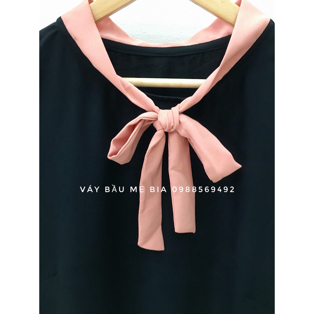 Váy bầu bigsize - Đầm bầu thiết kế GuMe màu Đen dáng Suông tay cộc phối Nơ Hồng chất vải sạn lụa size 40-100kg - MB97