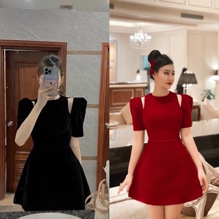 Đầm nhung cut out vai 2màu - kèm video