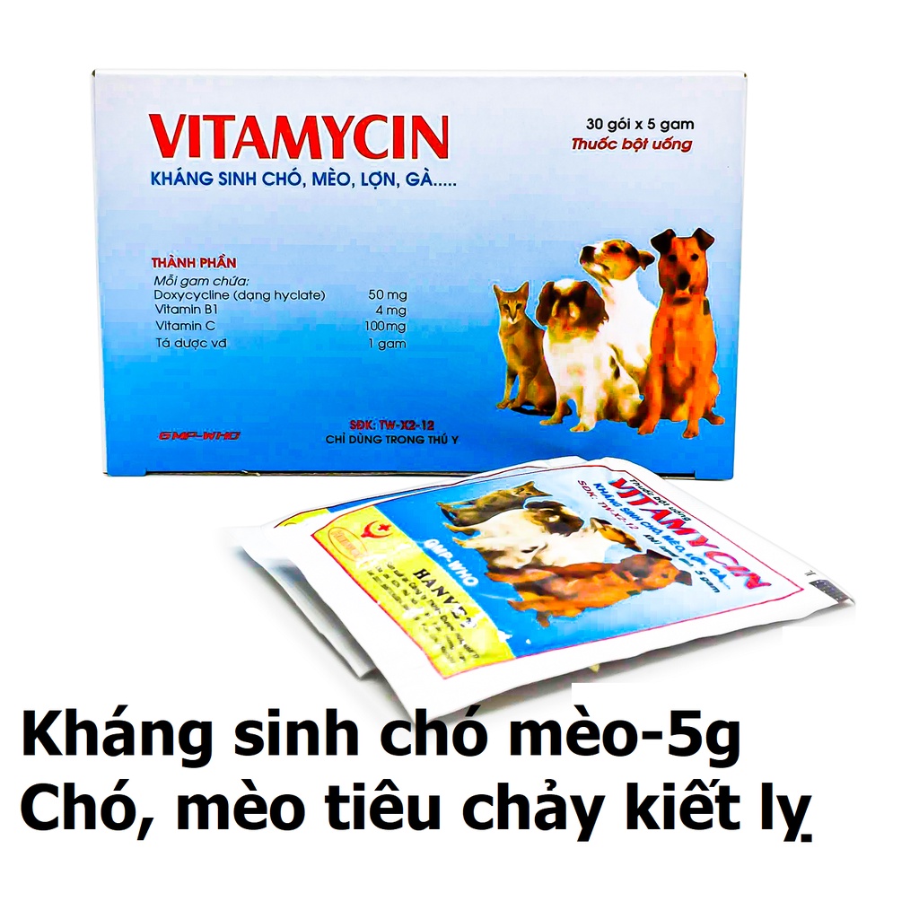 Vitamycin gói 5gr Kháng sinh tiêu chảy chó mèo - đi ỉa thú cưng kiết lị chó dạng uống