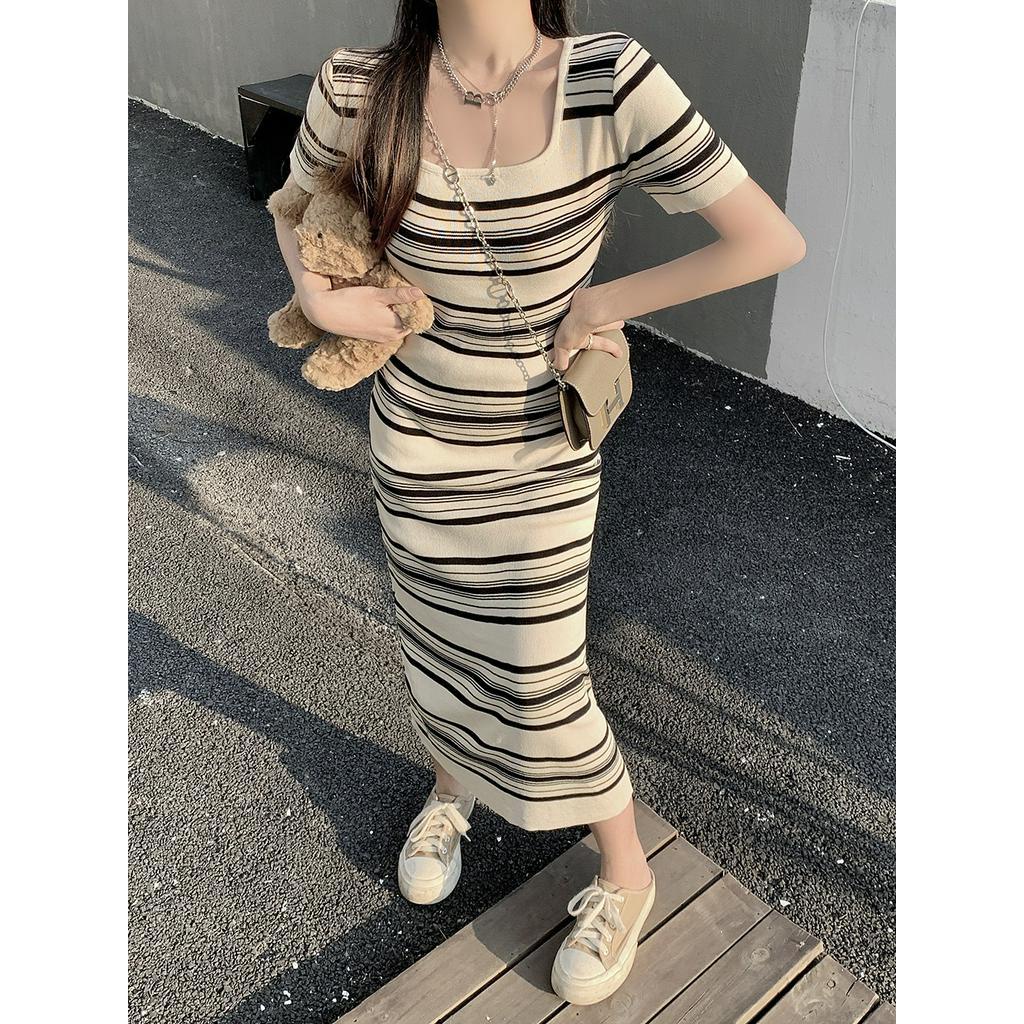 Đầm Dài Cổ Vuông Họa Tiết Kẻ Sọc Thời Trang Mùa Hè Xinh Xắn Cho Nữ