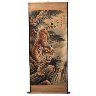 Tranh giả cổ UY TRẤN SƠN HÀ - MÃNH HỔ HẠ SƠN, Tranh giấy xuyến chỉ viền bo lụa size lớn 155 x 74cm