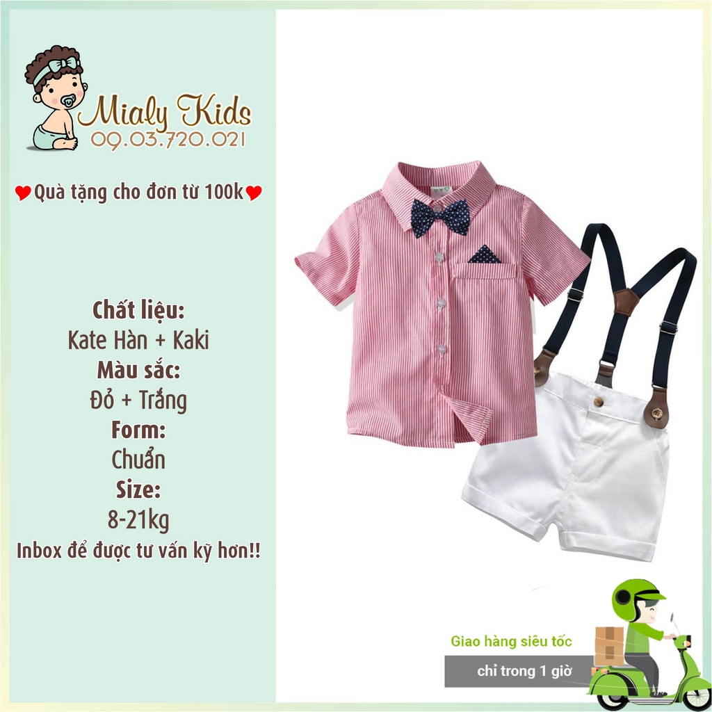 Set yếm công tử kèm áo sơ mi kẻ Mialy Kids cho bé trai diện Tết (8 - 21 kg) - Vải mềm mại, thấm hút tốt cho da bé