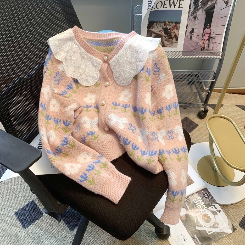 Áo Khoác cardigan Len Tay Dài Cổ Phối Ren Mới Cho Bé