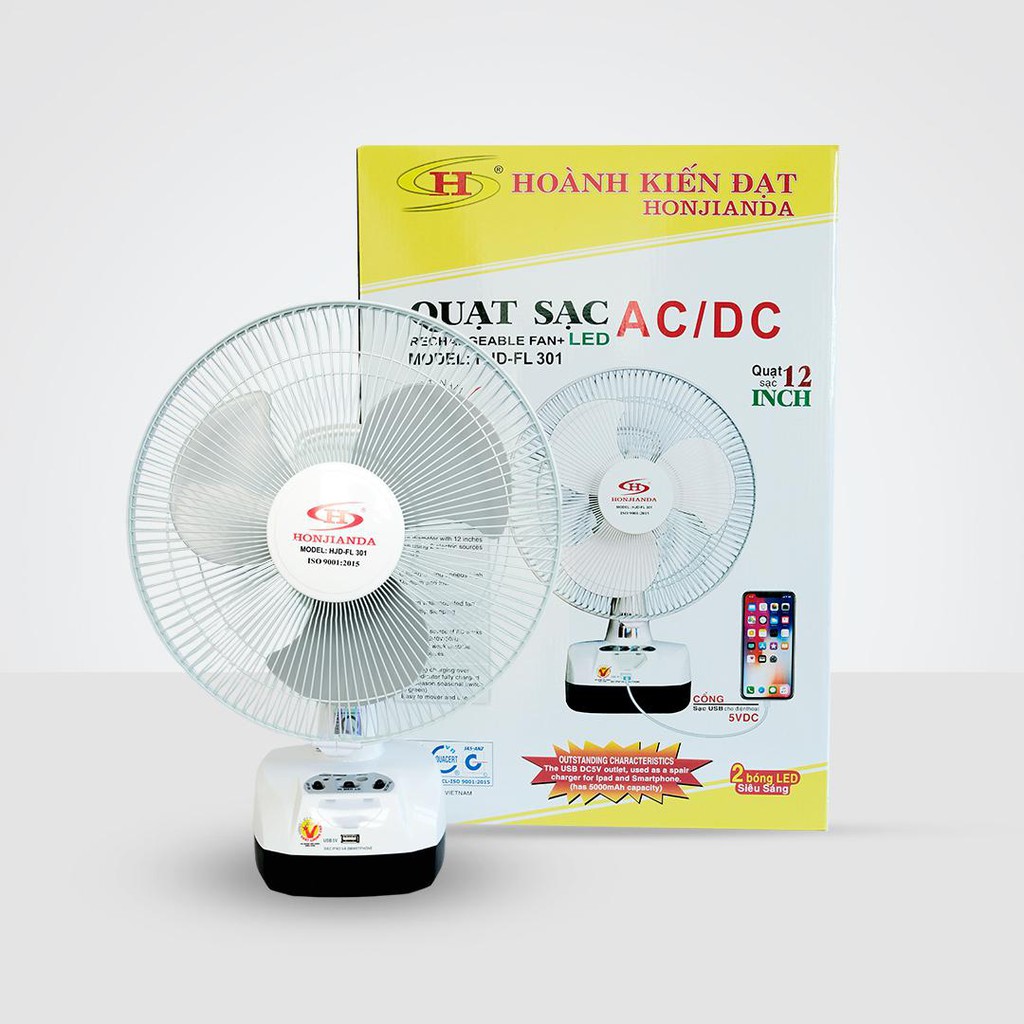 Quạt sạc tích điện để bàn AC&amp;DC 12 inch Honjianda FL301 1-2 bình - có đèn LED &amp; USB