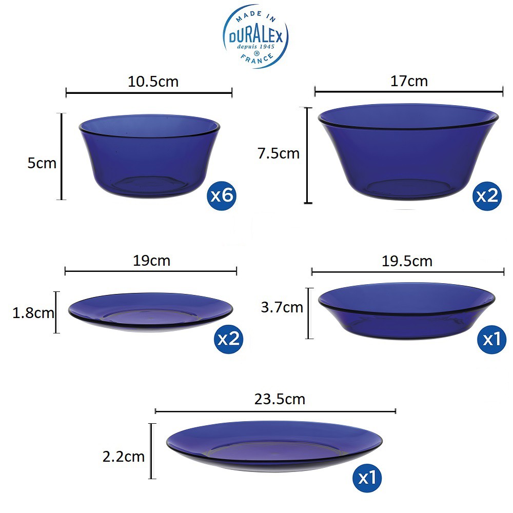 Bộ tô chén dĩa 12 món D7012LF Duralex - Lys xanh Saphir Thủy tinh cường lực cao cấp Pháp