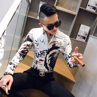 sơ mi nam họa tiết hàn quốc [ kèm ảnh thật] trắng họa tiết