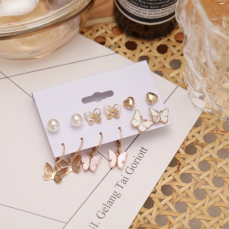 Set 6 Khuyên Tai Mạ Bạc Hình Bướm/Trái Tim/Ngọc Trai Nhiều Màu Sắc