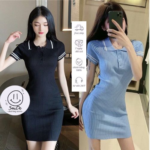Váy Đầm Ôm Body Cổ Bẻ Viền Sọc Tay Ngắn | Smide Colthing