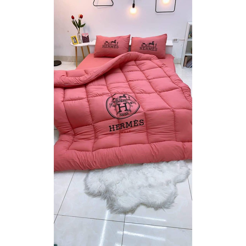 Set Chăn ga gối mùa đông cao cấp cotton đũi 5 món kèm chăn phao