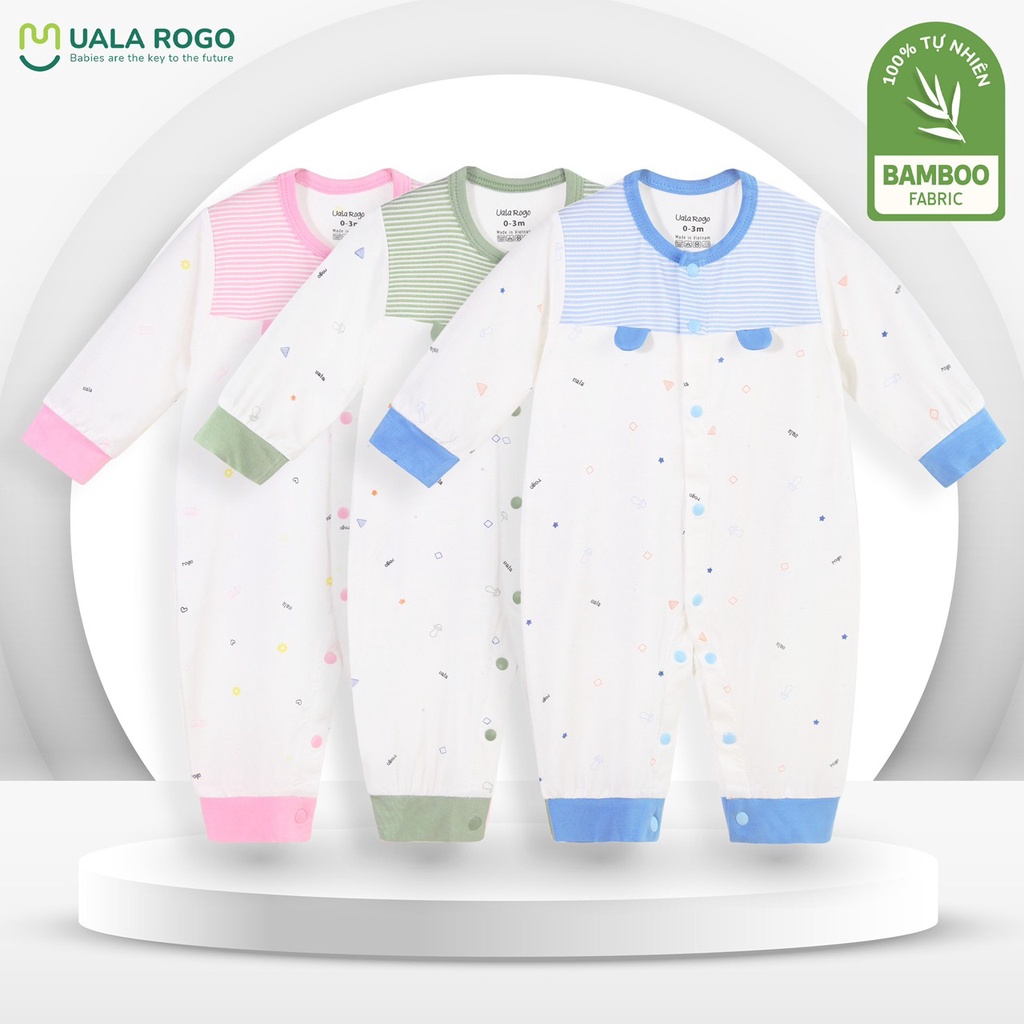 Bodysuit cho bé liền thân sơ sinh Uala rogo 0-9 tháng liền thân vải sợi tre Bamboo mềm co giãn cúc giữa 2033