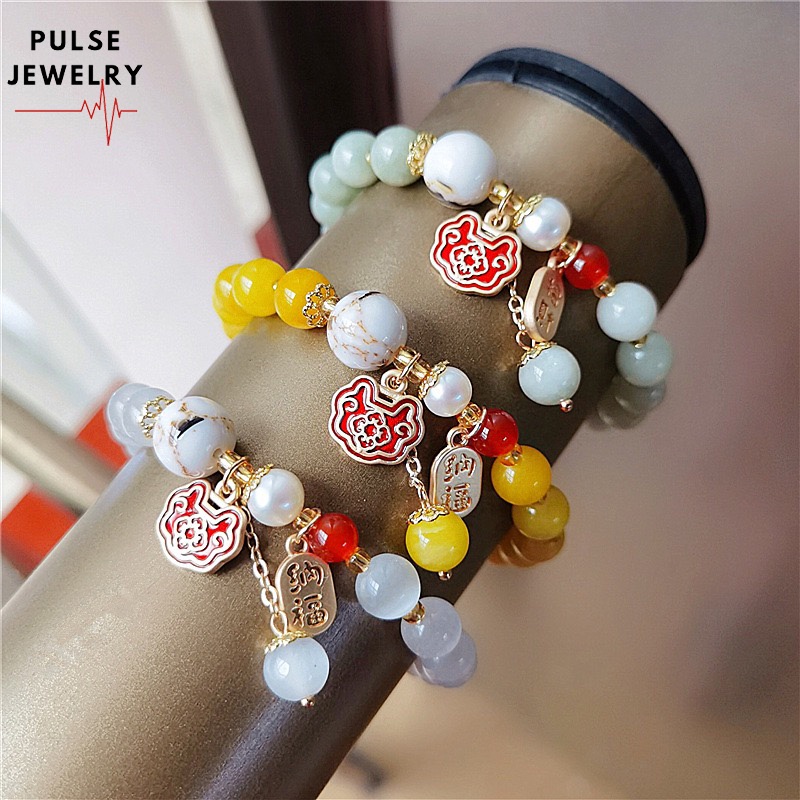 Pulse Jewelry Thời trang Phong cách Hàn Quốc Phụ nữ Vòng tay Hạt ngọc trai Đá tự nhiên Khóa trường thọ Mặt dây chuyền Vòng tay quyến rũ