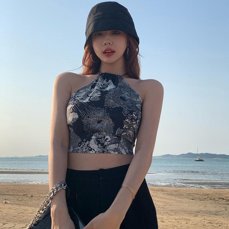 Áo lửng hai dây in họa tiết phong cách Hàn Quốc quyến rũ dành cho nữ