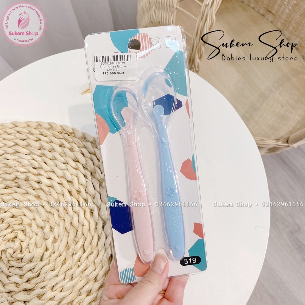 Set 2 Muỗng | Thìa Ăn Dặm Silicon Cao Cấp AMO Hàn Quốc Cho Bé