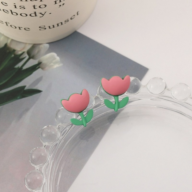 Bông Tai Mạ Bạc 925 Hình Hoa Tulip Hồng Dễ Thương Cho Nữ