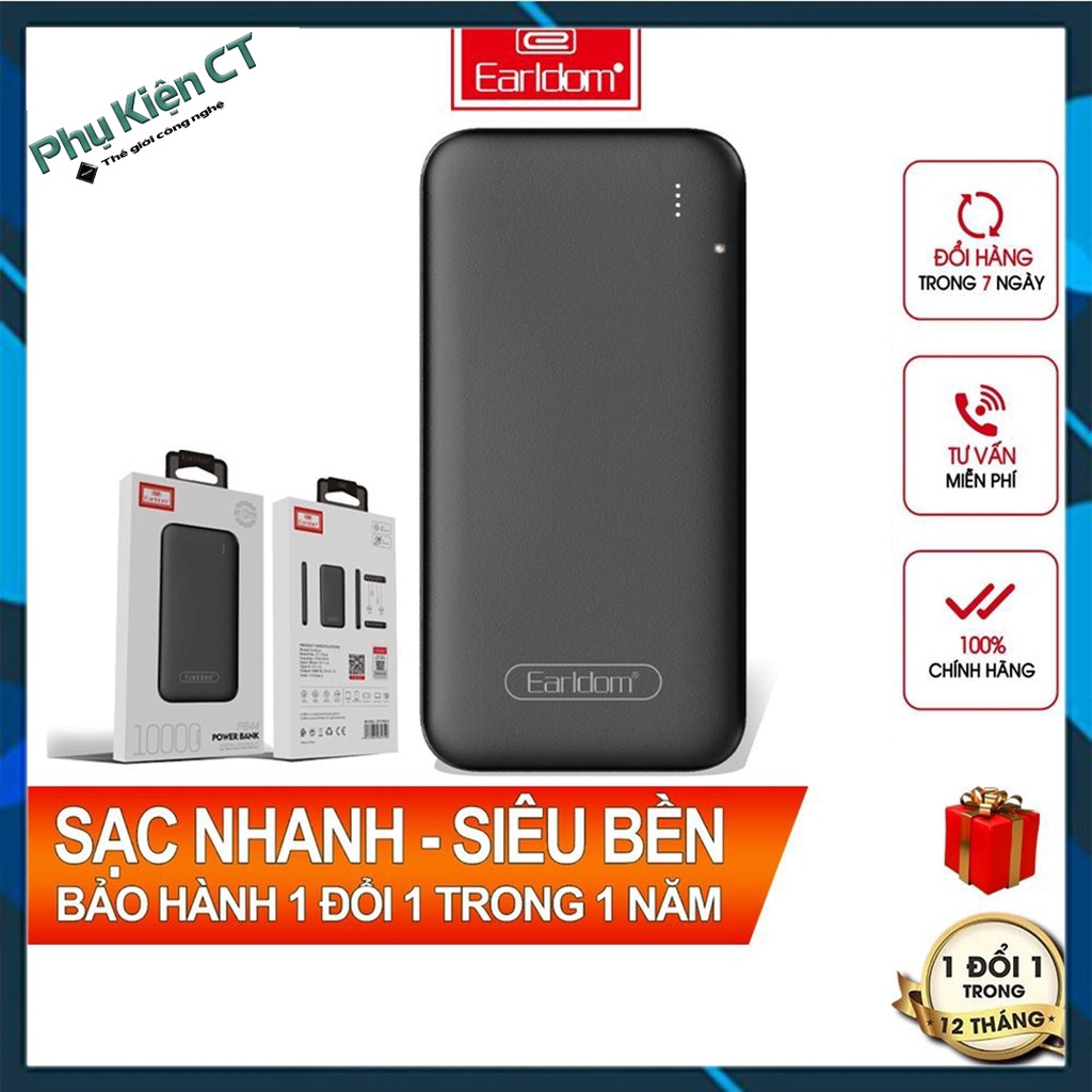 Sạc Dự Phòng Earldom PB44 10000mAh 2 Cổng Sạc Đèn Led Báo Dung Lượng Cho iPhone Ipad Samsung Huawei Oppo