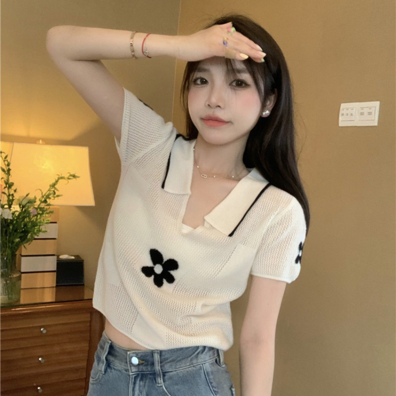 Áo thun polo NZN dệt kim tay ngắn phong cách retro thời trang dành cho nữ