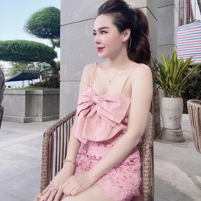 Set Áo Hai Dây Nơ Và Quần Short Ren Hồng Siêu Xinh, Set Bộ Hai Dây Nơ Hồng Cao Cấp