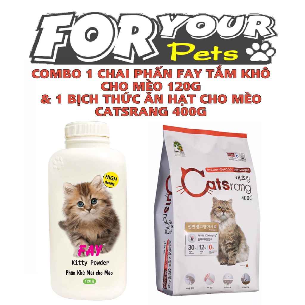 COMBO 1 CHAI PHẤN TẮM KHÔ KHỬ MÙI CHO MÈO 120G &amp; 1 BỊCH THỨC ĂN HẠT CHO MÈO MỌI LỨA TUỔI CATSRANG 400G