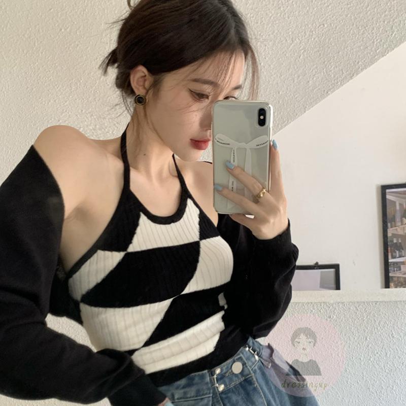 Áo Tank Top Dệt Kim Sát Nách Cổ Yếm In Họa Tiết Hình Thoi Màu Đen / Hồng Nhạt / Hồng Nhạt Cho Nữ