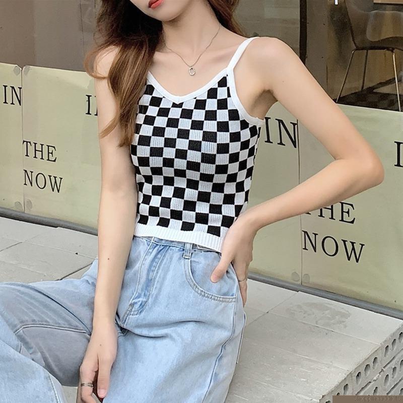 Áo Croptop Dệt Kim Sát Nách Cổ Chữ V In Họa Tiết Kẻ Sọc Ca Rô Cho Nữ