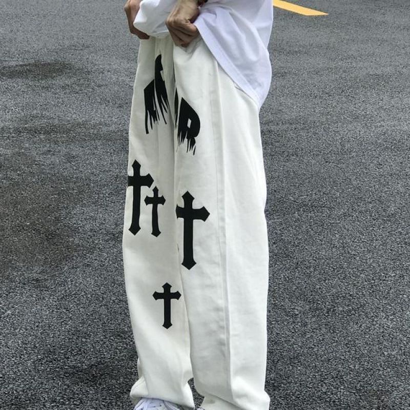 Simple Cross-Printed Wide-Length Jeans Easy to match CYS1