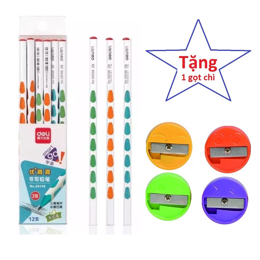 Hộp 12 cây bút chì 2B Deli 58198 / 55090 / 55300 - Bút chì nhiều màu - chì định vị I Tặng 01 gọt chuốt chì