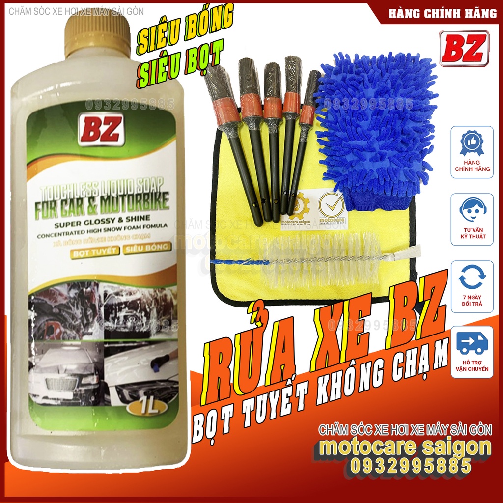 Combo nước rửa xe không chạm BZ + cọ cán đen  5 cây + găng tay + khăn vàng xám + cọ đuôi chó