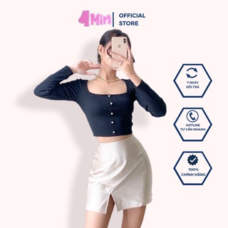 Áo croptop nữ cổ vuông tay dài gắn nút ngọc , áo kiểu nữ 4Min