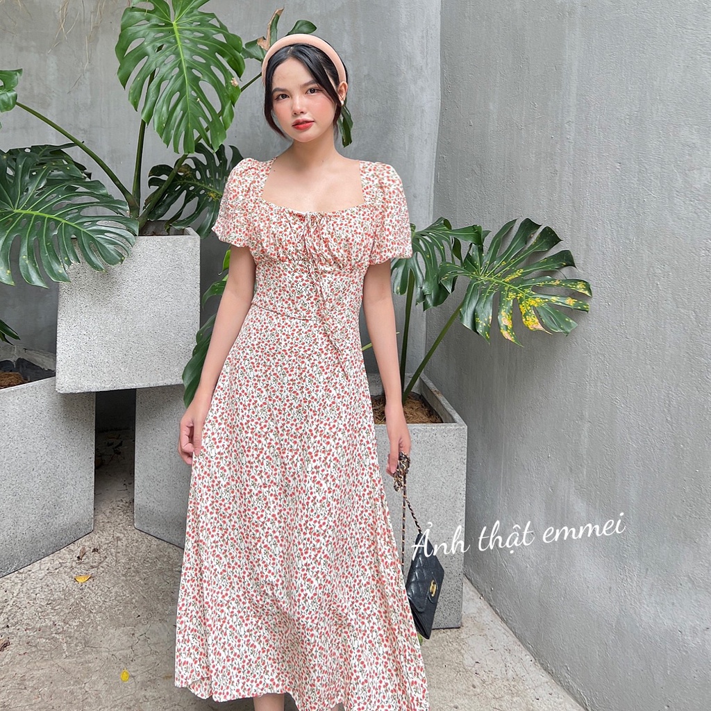 Đầm hoa nhí vintage, Đầm hoa cổ vuông xẻ tà Emmei v84