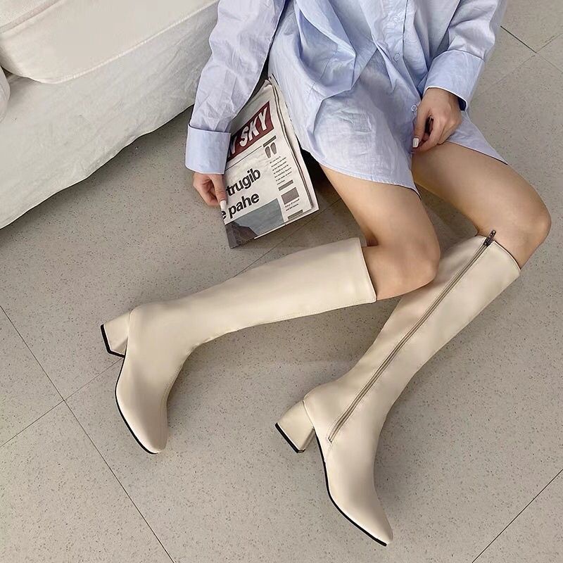 Bốt Nữ Cao Cổ Da Mềm 3 Màu Hot Trend Đế Vuông Khóa Cạnh