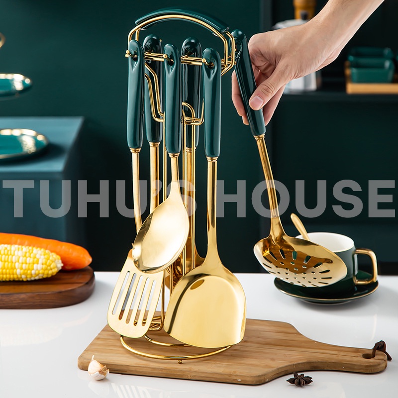 Bộ dụng cụ nhà bếp nấu ăn 7 món màu xanh cổ vịt mạ vàng cao cấp, cán sứ sang trọng chắc chắn – TUHUHOUSE