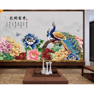 Tranh hoa mẫu đơn cùng đôi chim công hạnh phúc, tranh dán tường 3d hiện đại (tích hợp sẵn keo) MS 1000244