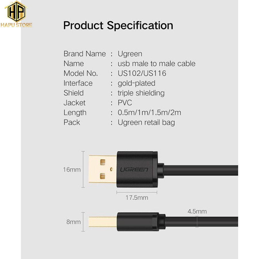 Cáp USB Ugreen US102 hai đầu đực chuẩn USB 2.0 dài 0,5 đến 3m chính hãng - Hapustore