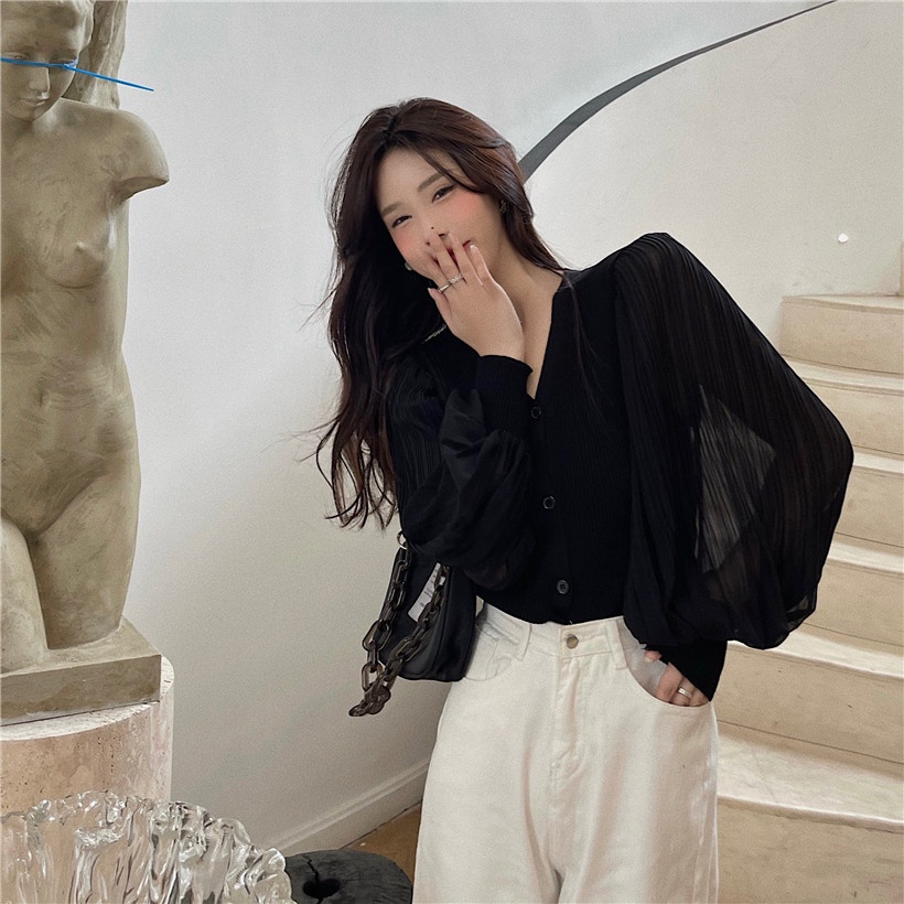 QKOOLE  Áo khoác cardigan dệt kim tay phồng dáng rộng phong cách Hàn Quốc thời trang cho nữ