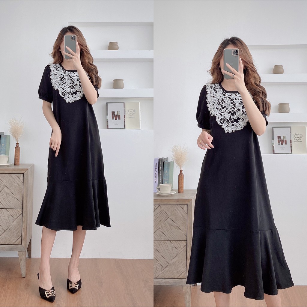 Đầm thun cotton suông đuôi cá dáng dài cổ ren ngắn tay form xuông rộng freesize V186 Michi House