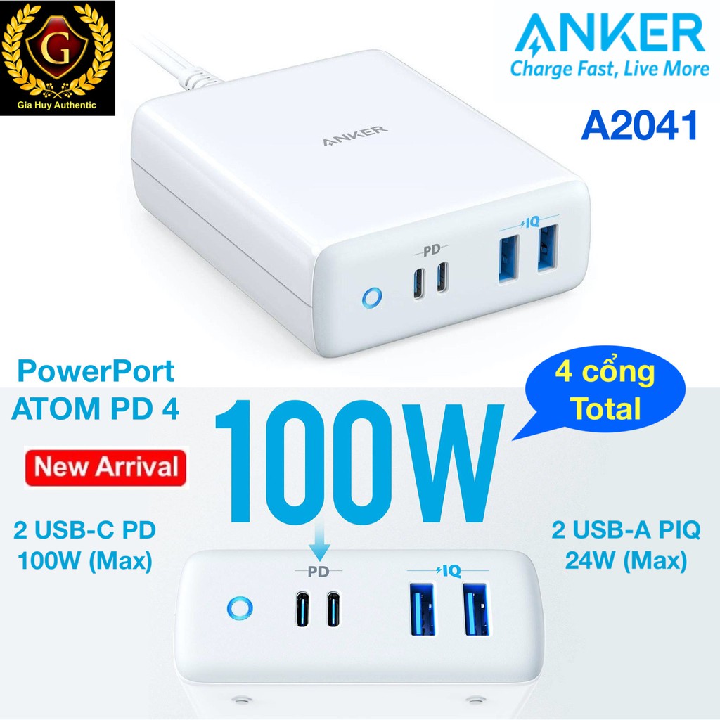 Củ Sạc nhanh Macbook Pro, iPad Pro, iPhone 12 ANKER PowerPort ATOM PD 4 100W (2 USB-C PD &amp; 2 USB-A PiQ) - A2041