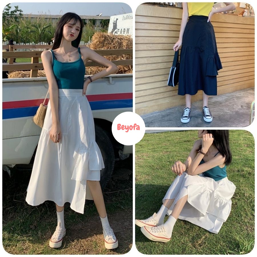 Chân Váy ULZZANG Đuôi Cá Lệch Vạt 3 Tầng - Váy Đuôi Cá Kèm Lót 2 Màu Đen Trắng