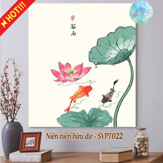 Tranh sơn dầu số hóa có khung tự tô màu theo số NIÊN NIÊN HỮU DƯ SVPT022( Tranh phong thủy cá chép tài lộc góc sắc màu )