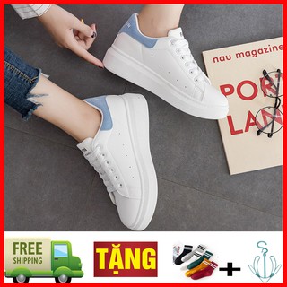[TẶNG TẤT + MÓC PHƠI GIẦY] Giầy Thể Thao Nữ Màu Trắng Trẻ trung, Gót Nhung 2 màu xanh và đen, đế 5cm