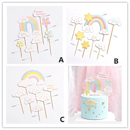 1 Set Phụ Kiện Thẻ Trang Trí Bánh Kem Sinh Nhật Hình Hoa/Mặt Cười/Đám Mây/Cầu Vồng Dễ Thương